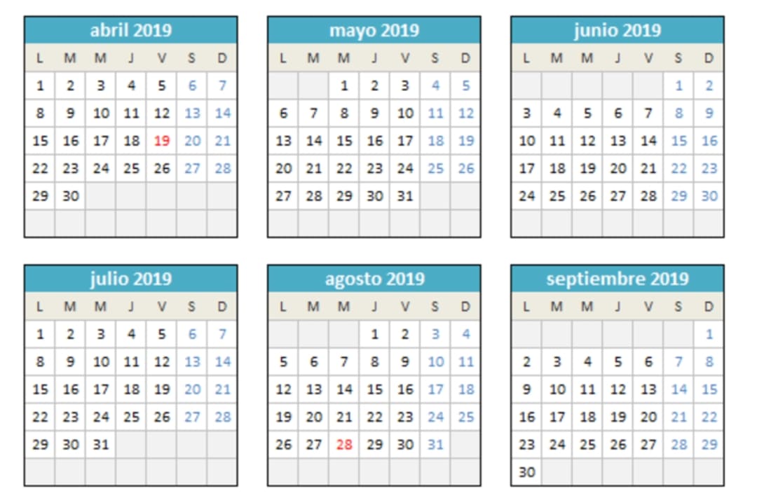 Excel calendario 2019