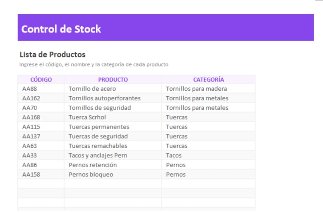 Planilla Excel inventario almacen