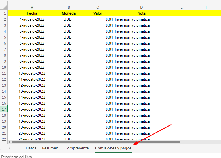 Pestaña comisiones plantilla excel criptomonedas 2