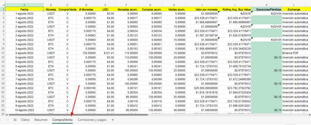 Pestaña compraventa plantilla excel criptomonedas 2