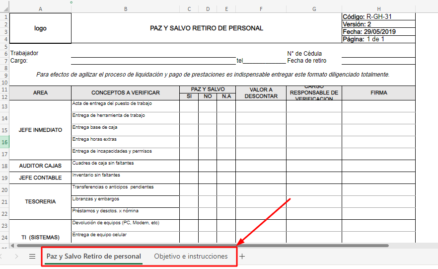 Plantilla Excel: Formato de paz y salvo formato paz y salvo retiro de personal