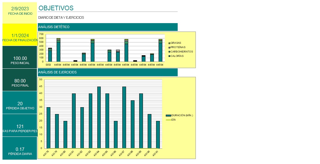 Plantilla Excel: Dietas personalizadas hoja de objetivos diarios de dietas y ejercicios