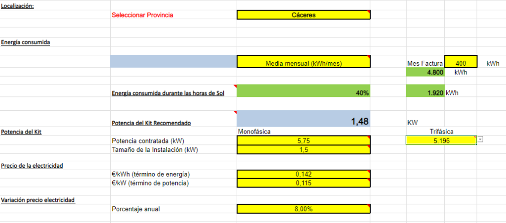 pestaña entradas calculadora solar plantilla excel