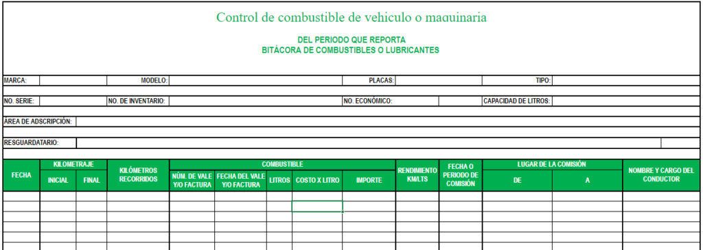 plantilla excel control de combustible tabla simple
