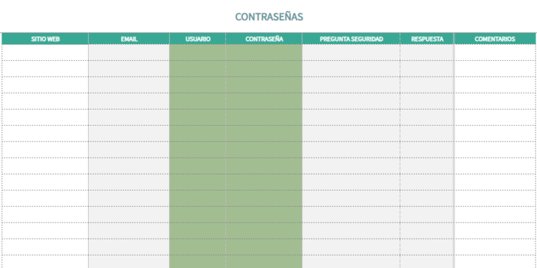 plantilla excel para guardar contraseñas