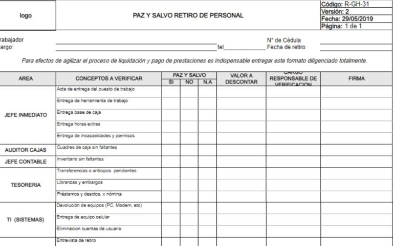 Plantilla Excel: Formato de paz y salvo plantilla excel paz y salvo retiro de personal