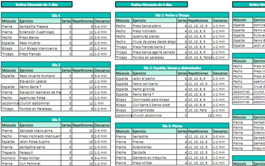 Plantilla Excel: Rutinas de gimnasio y planes de entrenamiento plantilla excel rutina gym 3, 4 y 5 días