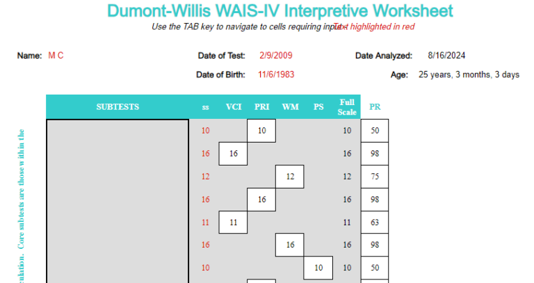 Plantilla Excel: WAIS-IV (prueba de inteligencia para adultos) plantilla excel wais iv hoja 1