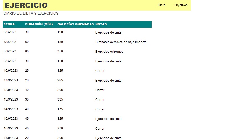 Plantilla Excel: Dietas personalizadas registro diario de ejercicios con dietas